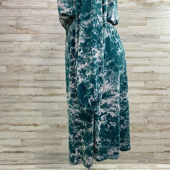 Jason Wu Stretch Long Sleeve Dress Womens Size M Teal Green Print Smocked Waist - Picture 7 of 13